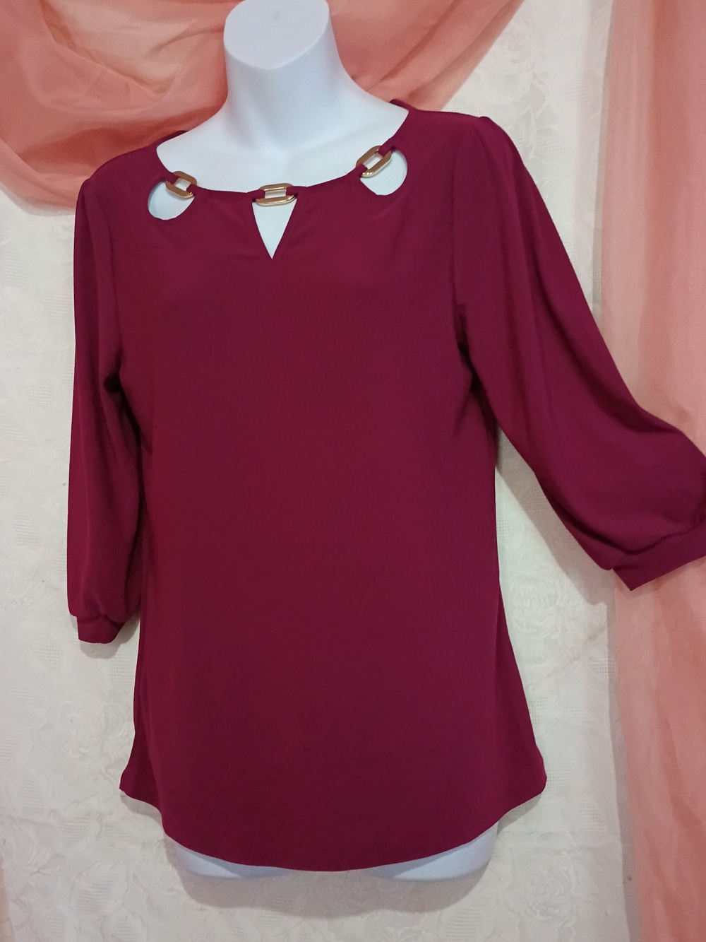 Atelier 29 Women's Wine Keyhole Blouse with Gold Accent